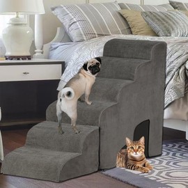 MALOROY Dog Stairs for High Beds 25-30 inches Tall, 6-Step Dog Steps for High Bed for Doggies/Kitties, 30D Foam Pet Stairs Steps for Small Dogs, Doggie Ramp/Ladder for Old Dogs/Cats, Grey