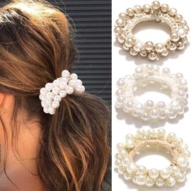 Banatra Pearl Hair Ties Beaded Hair Scrunchies Elastic Ponytail Holder Decorative Hair Accessories for Women and Girls (Pack of 3) (A)