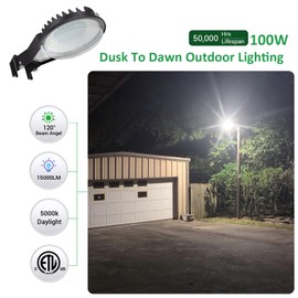 SZGMJIA Dusk to Dawn Light, 100W Outdoor LED Barn Yard Lighting with Photocell, Ultra Bright 15,000LM 5000K Daylight, 1000W MH/HPS Replacement,100-277V IP65 Waterproof for Area Light, ETL Listed