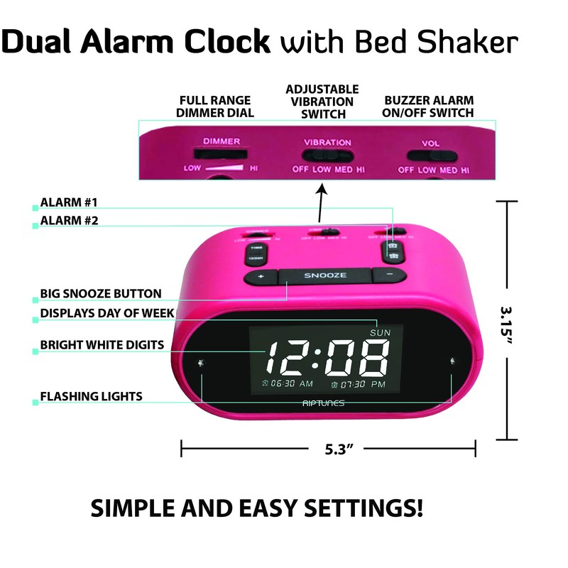 Riptunes Loud Alarm Clock with Bed Shaker for Heavy Sleepers