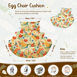 Uthem Waterproof Egg Chair Cushion Replacement 47x31.5x4.7 inch Thicken Hanging Egg Swing Chair Cushion Indoor Outdoor Wicker Rattan Hammock Basket Cushion with Headrest Pillow, Daisy