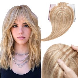 Elailite Hair Topper for Women, Topper Extensions with Fringe, 150% Thick Hairpieces, Clip in 7 x 13 cm, Soft Base, 40 cm (40 cm): 48 g, #12P613 Golden Brown and Bleached Blonde