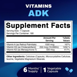 vitamatic Vitamatic ADK Vitamin Supplement, 180 Veg Capsules, Vitamins A, D3, K2