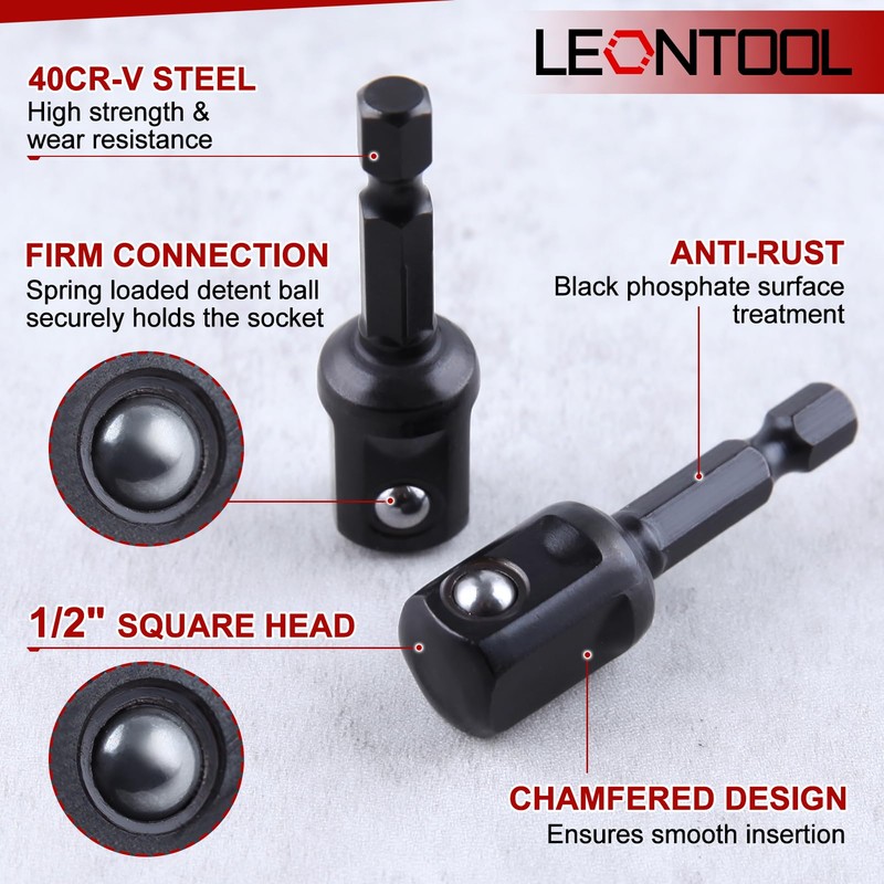 LEONTOOL 1/2" Impact Adapter Square Socket Bit 10pcs 1/4" Hex