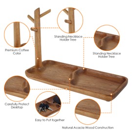Stylish Wood Key Tray, Acacia Wood Key Holder Bowl, Space Saving Jewelry Tray with 3 Stand Hanging Organizer Stylish Jewelry Tray Space Saving Catchall Tray Entryway Tray for Rings Bracelets Watches