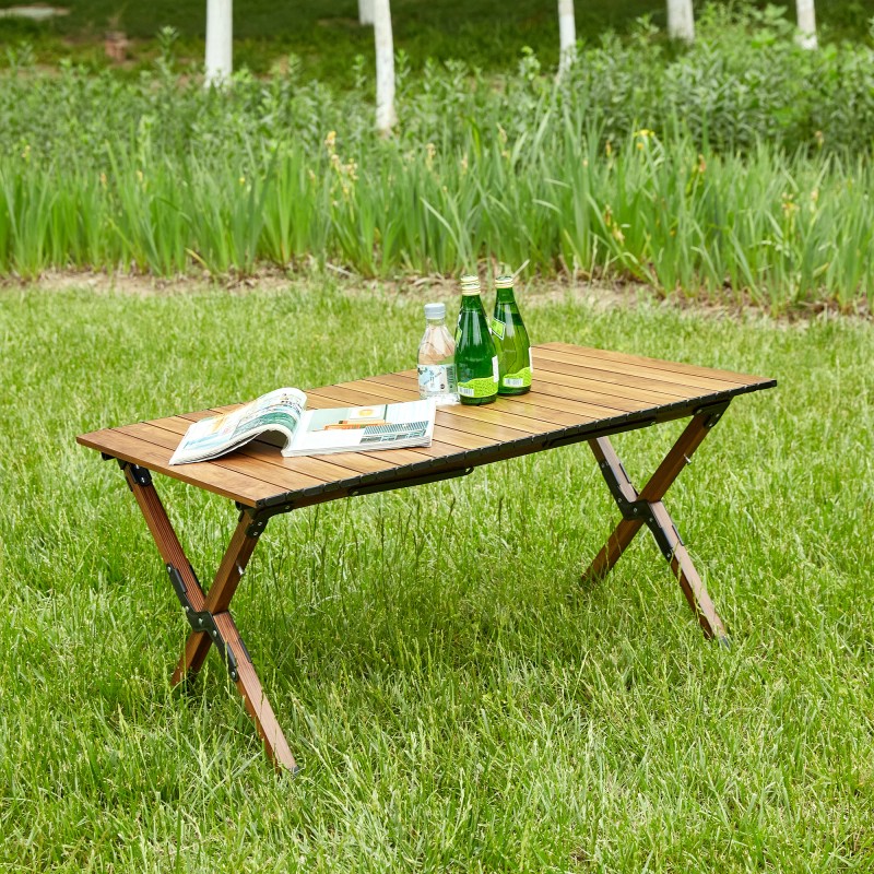Durable Folding Aluminum Alloy Roll-up Rectangular Outdoor Tablecolor: Brown, size: