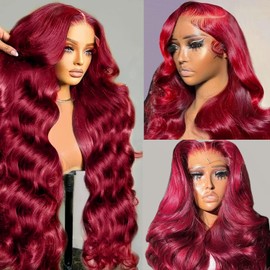 Ubetta 99j Burgundy Lace Front Wigs Human Hair, Body Wave 13x6 Lace Front Wigs Human Hair, 32 Inch Glueless Wigs Human Hair Pre Plucked 180% Denstiy Red Burgundy Lace Frontal Wigs for Black Women