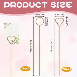 Prasacco Pack of 40 Flower Place Card Holders, 20 Heart Shape Card Holders and 20 Round Card Holders 29.5 cm Metal Photo Holder Table Number Holder Memo Holder for Weddings, Banquets, Gifts (Gold)