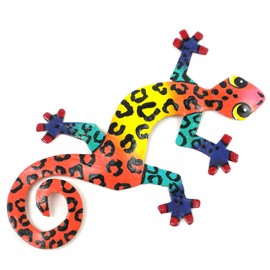 Global Crafts 8" Painted Gecko Recycled Haitian Metal Wall Art Multi Colored, Red Tiger