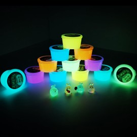 Glow in The Dark Slime 12 Pack, Galaxy Slime with 4 Cute Glowing Rabbits 6 Neon Colors - Glowing Slime Kit for Kids Slime Party Favors, Goody Bag Fillers, Valentine's Day Gifts, Easter Basket Fillers