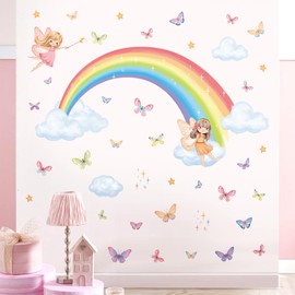 decalmile Rainbow Fairy Wall Decals Butterfly Clouds Stars Wall Stickers Girls Bedroom Baby Nursery Kids Room Wall Decor