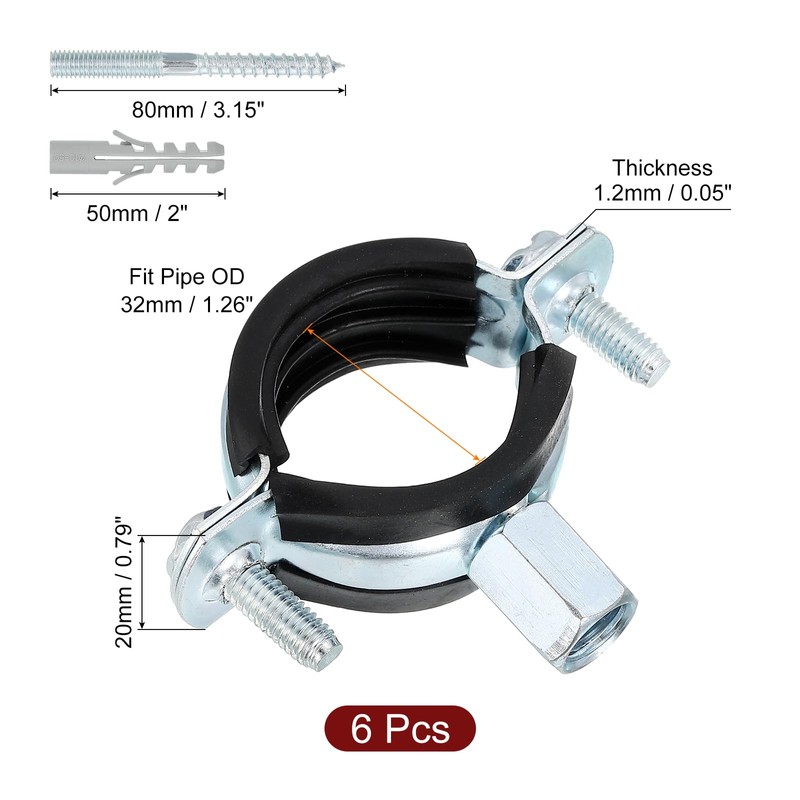 sourcing map 6 Pcs Adjustable Pipe Bracket Clamp, 1-1/4"(32mm) Wall