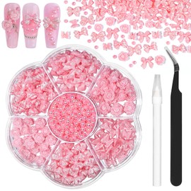 Kikonoke 420PCS Bow & Flower Nail Charms Kit with Half Pearls, 3D Acrylic Nail Gems Rhinestones, Pickup Tools for Nail Art Design, DIY Crafts, Valentine Gifts