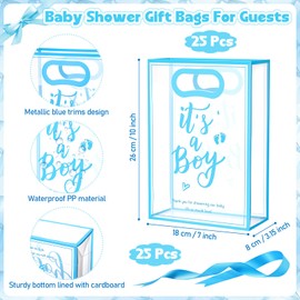 Sinload 25 Pcs Baby Shower Gifts Bags for Guests Clear Plastic Gift Bag with Die Cut Handles Reusable PP Flower Bag with Ribbon for Gender Reveal Party Guest Gift, 7x10x3.15 Inch(Boy)