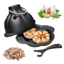 Bonfino Cast Iron Garlic Roaster with Handle, Grill Smoker Box, Potato Baker, Pre-Seasoned Cast Iron Smoker Roaster for Grill, Perfect for Kitchen Oven or Outdoors on a BBQ Grill Stove
