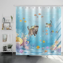Dazzlewall Funny Cat Shower Curtain, Cat Diving Fish Coral Ocean Scenic Bathroom Curtain 180x180cm, Waterproof Mould Resistant Polyester Fabric With 12 Hooks