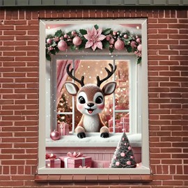 Saoplasa Christmas Party Banner 47x31 Inch Reindeer Window Cover Holiday Decor Pink Ornaments Snow Scene Winter Wonderland Backdrop for Home Classroom Office Xmas Party Decorations