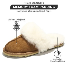 Project Cloud 100% Australian Sheepskin Scuff Slippers for Women - Genuine Shearling Memory Foam Slides for Women mules for women - Non-Slip Womens slippers - Christmas Slippers (LYNSEY, CHSTNUT, 6.5)