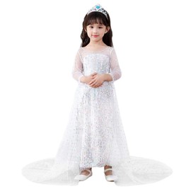 Lito Angels Princess Snow Queen White Sequin Fancy Dress Costume with Tulle Train Birthday Party Outfit for Girls Kids Age 3-4 Years