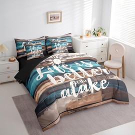jejeloiu Lake Life Queen Comforter Set with Sheets for Kids Boys Girls Camping 7 Piece Bedding Set Rustic Wooden Bed in a Bag with Comforter, Sheets, Pillowcases Farmhouse Decor Room Decor