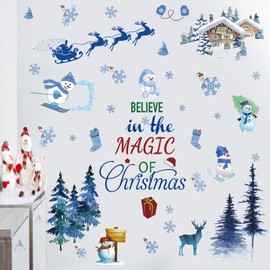 Christmas Wall Decal Santa Claus Christmas Tree Wall Sticker Removable Vinyl DIY Wall Decor Christmas Party Window Playroom Bedroom Classroom Living Room Decor Christmas Party Theme Decoration(Blue)