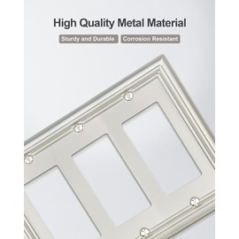 ZILLSEA 1-Pack Triple Decorator Wall Plate, Metal Electrical Outlet Cover for Receptacles, Dimmer Switches, GFCI Outlets, Satin Nickcel, Midsize, 6.77''*4.88''