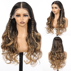 Ombre Blonde Braided Long Curly Wig, 13x4 Lace Front Synthetic Wig with Baby Hair, Natural-Looking Heat Resistant Hair for Daily Use 22IN(TT1B/F.HBL)