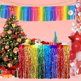 Rainbow Party Decorations 1 Wavy Metallic Tinsel Foil Fringe Table Skirt 1 Rainbow Tinsel Glitter Banner Pasteable Foil Fringe Tinsel Table Skirts for Christmas Birthday Wedding Carnival Pride Party