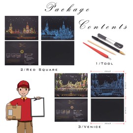 Scratch Painting Rainbow Paper by BOTEEN, Scratch DIY Art Craft City Series Night View Creative Gift, Scratchboard for Adults and Kids ,Craft Kits with 4 Tools,16''x11''ï¼ˆ4 Packï¼‰