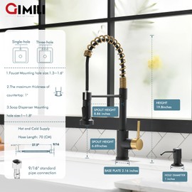 GIMILI Black and Gold Kitchen Faucet with Soap Dispenser Commercial Single Handle Spring Pull Out Kitchen Sink Faucets with Pull Down Sprayer