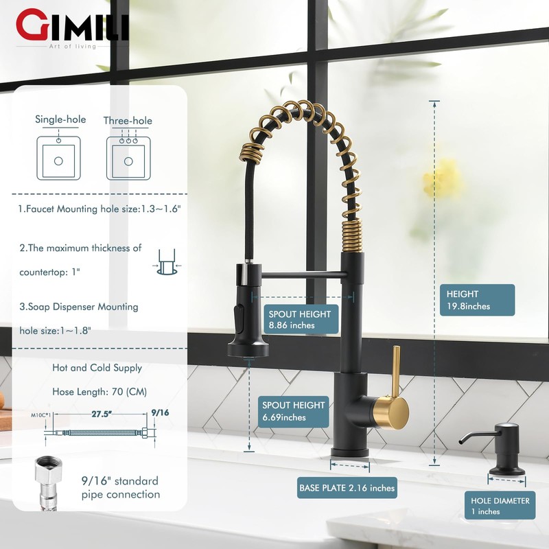 GIMILI Black and Gold Kitchen Faucet with Soap Dispenser Commercial