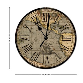 Rustic Style Round Wood Wall Clocks Retro World Map Roman Numerals Woodn Clock Battery Operated Silent Non-Ticking Wall Clocks for Cottage Living Room Bedroom Office 15x15in Decorations