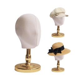 TINGSING Mannequin Head Wig Head Stand, Hat Display Stand Wig Holder, Realistic Face Model Head Hat Rack,Coarse Twill Fabric Manikin Head Wig Stand with Detachable Base for Styling and Display, Gold