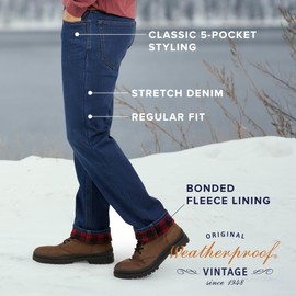 Weatherproof Vintage Fleece Lined Men's Jeans - Regular Fit Insulated Cold Weather Pants - Flannel Lined Winter Jeans