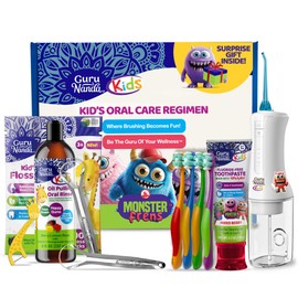 GuruNanda Kids Oral Care Regimen Kit with Toothpaste, Butter On Gums Toothbrush, Oil Pulling Mouthwash, Giraffe Floss Picks, Water Flosser & Tongue Scrapers