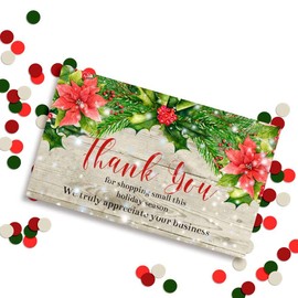 Snowy Christmas With Red Poinsettias Holiday Themed Thank You Customer Appreciation Package Inserts for Small Businesses, 100 2" X 3.5” Single Sided Insert Cards by AmandaCreation