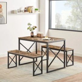 VECELO Wood Dining Table Set for 4 with Bench Kitchen Table Breakfast Table Furniture - Brown