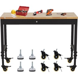 Adjustable Height Garage Workbench 48" X 24" - Heavy Duty 2000 lbs Capacity, Rubber Wood Top, Rolling Workstation with Drawer Storage, Power Outlets & Lockable Wheels - Perfect for Workshop