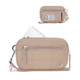 Sunpour Quilted Nylon Wristlet Wallet for Women,RFID Wallet with 3 Zipper Pouches,Wristlet & Phone Organizer for Daily Use, Camel, Small
