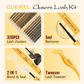 QUEWEL Individual-Lashes Kit 320 Pcs, Lash-Clusters Bond and Seal Waterproof, Eyelash Clusters Applicator Tool with Cluster-Lashes Glue Remover for Natural Look DIY At Home(QD-30D+40D-kit)