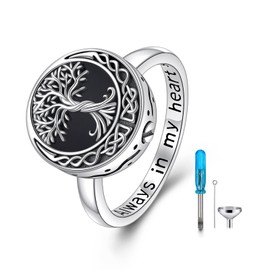 Tree of Life Urn Ring for Ashes 925 Sterling Silver Celtic Knot Family Tree Memorial Keepsake Jewelry Always in My Heart Cremation Ring for Women Men, Sterling Silver, Onyx