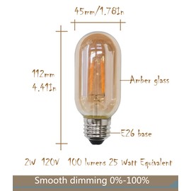CTKcom T45 E26 Amber Antique LED Edison Light Bulb,T14 LED Tubular Vintage Antique Dimmable led Bulb,2 Watt 120V 2200K Warm White 120 lumens 25 Watt Equivalent,4 Pack