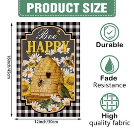 DMERBYL Home Decorative Bee Happy Garden Flag, Spring Daisy Flowers House Yard Buffalo Plaid Check Decor Sunflower Bird Honeycomb, Summer Farmhouse Outside Decoration Outdoor Small Burlap Flag 12 x 18