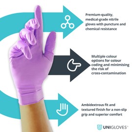 UNIGLOVES Unigloves Violet Pearl Nitrile Examination Gloves - Multipurpose, Powder Free and Latex Free Disposable Gloves - Box of 100 Gloves, Violet, Extra Large (GP0075)