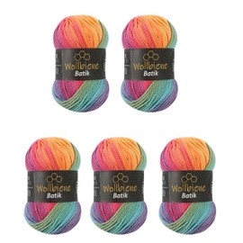 5 x 100 g Wollbiene Batik, 500 g Wool with Colour Gradient, Multicoloured Knitting Wool, Crochet Wool (5040 Pastel Rainbow)