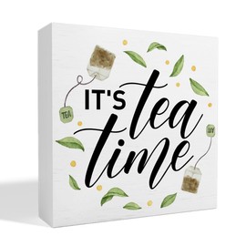 Tea Decor Wooden Box Sign, Tea Bar Tea Station Pantry Table Decor for Office Home Kitchen Decoration, Tea Lover Gifts for Women Men, It's Tea Time