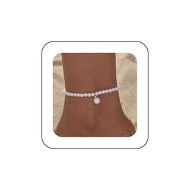 Iaceble Vintage White Pearl Anklet Pearl Bead Anklet Bracelet Pearl Dangle Anklet Foot Chain Pearl Stretch Anklet Summer Beach Anklet Jewelry for Women