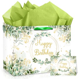 Sage Green Birthday Gift Bag Large Green Party Favor Bags with Tissue Paper and Greeting Cards Eucalyptus Birthday Gift Wrapping Paper Bag Goodie Bags for Baby Shower Bday Party Decorations Supplies