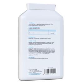 Betaine HCl 500mg per Capsule - 120 Vegan Capsules | High Strength Betaine Hydrochloride | No fillers, No Binders & No Flow Agents | Non-GMO, Gluten Free & SOYA Free | Made in The UK