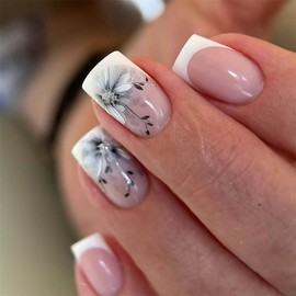 Square Press on Nails Short False Nails White French Tip Fake Nails with Designs Nails Flower Acrylic Nails Glossy Full Cover Stick on Nails for Women and Girls 24Pcs